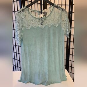 NWOT ANDREE BY UNIT Women's Aqua Lace Trim Top ~ Size Large